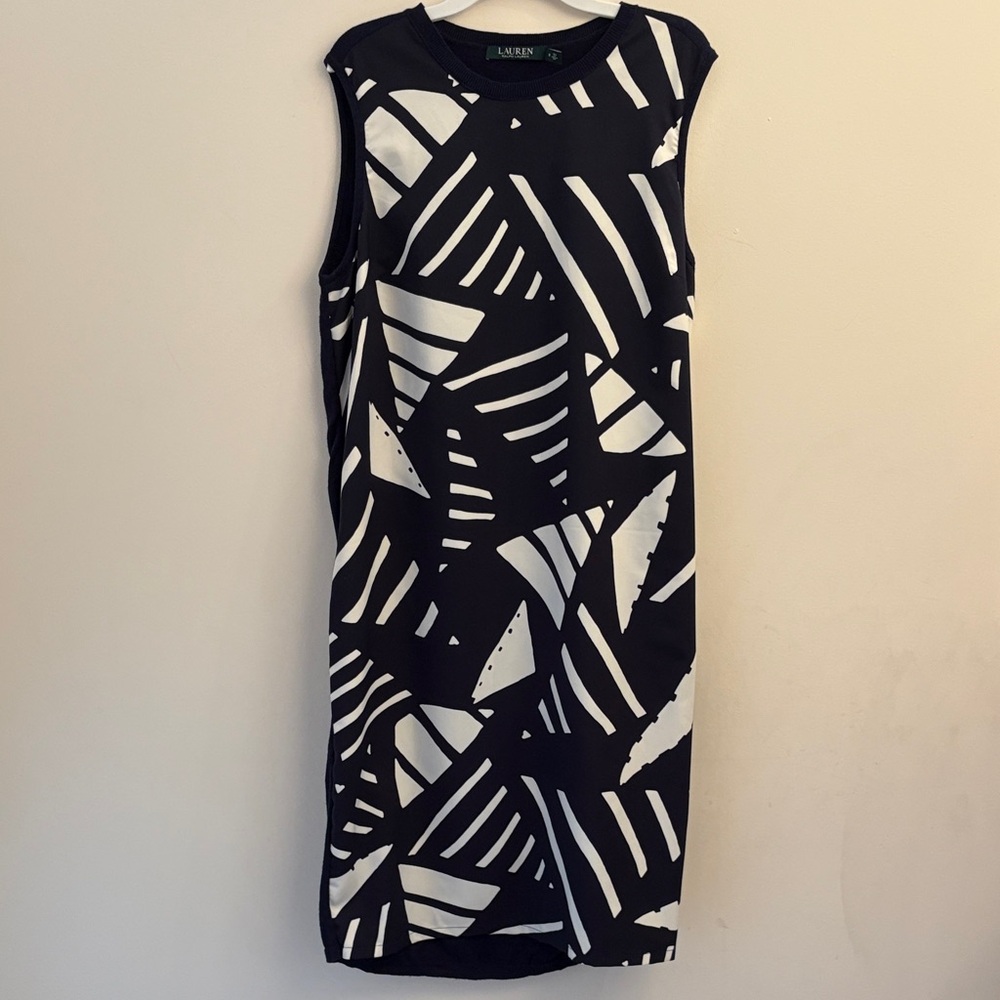 Ralph Lauren Navy Blue and White Abstract Midi Dress